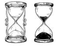 Set of 2 vintage sand hourglasses vector black and white drawing