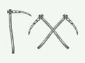 Set of vintage scythes in retro style. Monochrome Graphic Art.