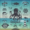 Set of Vintage seafood fish typography design with labels, icons