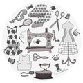 Set of vintage sewing goods in round frame. Vector illustration, gray scale Royalty Free Stock Photo