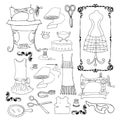 Set of vintage sewing mashine and goods. Vector illustration, retro style