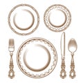 Set of vintage silver cutlery and porcelain Royalty Free Stock Photo