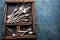 Set of vintage silver cutlery in wooden drawer Royalty Free Stock Photo