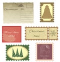 Set of vintage stamps and vintage postcard. Royalty Free Stock Photo