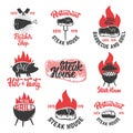 Set of vintage steak house emblems. Grilled steak.