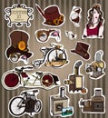 Set of vintage steam bike and accessories. Steampunk style.Template steampunk design for card. Big fish.