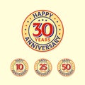 Set of vintage style anniversary logo badge. happy 30 years anniversary sticker background with retro style vector design