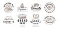 Set of 8 vintage style bakery, pastry shop labels, badges, emblems and logo. Vector illustration. Monochrome graphic sketches