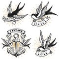 Set of vintage style tattoo with swallow birds, anchor isolated on white background. Royalty Free Stock Photo