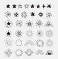 Set Of Vintage Sunburst and stars. Hand-Drawn Vector Hipster Design Elements. Royalty Free Stock Photo