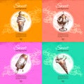 Set of vintage sweet backgrounds. Hand drawn illustration. Menu for restaurant and cafe