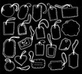 a set of vintage tags for a gift. hand-drawn doodle style, white outline on black isolated elements of various shapes Royalty Free Stock Photo