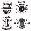 Set of vintage tailor labels, emblems and designed elements. Tailor shop theme Royalty Free Stock Photo