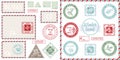 Set of vintage template air mail postcard and envelope. Texture grunge christmas stamp rubber with holiday symbols in Royalty Free Stock Photo