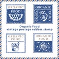 Set of vintage textured grunge food delivery rubber stamps with meal symbols in classic blue and brown colors. For