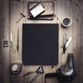 Set of vintage tools of barber shop and black canvas Royalty Free Stock Photo