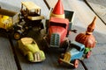 Set Of Vintage Toys - Convertible Toy Car, Trucks (lorries) Toy, Post Car Toy And Spinning (humming) Tops