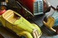 Set Of Vintage Toys - Convertible Toy Car, Trucks (lorries) Toy, Post Car Toy And Spinning (humming) Tops