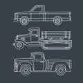 Set of vintage trucks. Linear drawing on a dark background. Blueprint. Vector illustration