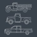 Set of vintage trucks. Linear drawing on a dark background. Vector illustration