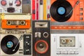 Set of vintage turntables, speakers, compact cassettes and tape recorders Royalty Free Stock Photo