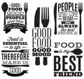 Set of vintage typographic food quotes for menu or t-shift with knife, spoon, fork