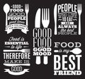 Set of vintage typographic food quotes for menu or t-shift with knife, spoon, fork