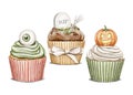 Watercolor set with halloween funny cute scary variety of sweet cupcakes