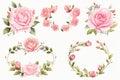 Set of vintage watercolor floral frames with pink roses, leaves and branches, Wreaths, floral frames, watercolor flowers pink