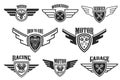 Set of vintage winged emblems. Racing, motorcycles, repair workshop. Design element for logo, label, sign, poster, t shirt.