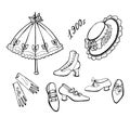 Set of vintage women`s fashion accessories. Bonnet hat, umbrella, shoe. Vector hand drawn illustration, retro engraving Royalty Free Stock Photo