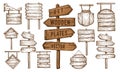 Set wooden banner, sign posts or boards. Signboard, signpost with signs indicating direction. Sketch vintage vector