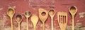 Set of vintage wooden spoons, kitchen utensils, cooking,food, culinary concept, flat lay