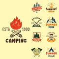 Set of vintage woods camp badges and travel logo hand drawn emblems nature mountain camp outdoor vector illustration.