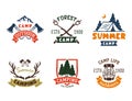 Set of vintage woods camp badges and travel logo hand drawn emblems nature mountain camp outdoor vector illustration.