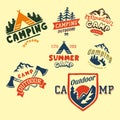 Set of vintage woods camp badges and travel logo hand drawn emblems nature mountain camp outdoor vector illustration.