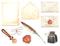 Set of vintage writing supplies for decorative design. Parchment paper, feather quill and inkwell, envelopes, wax seal Royalty Free Stock Photo