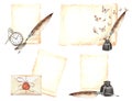 Set of vintage writing supplies. Parchment paper and envelope, feather pen and inkwell, pocket watch, butterfly. Hand Royalty Free Stock Photo