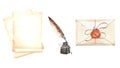 Set of vintage writing supplies. Parchment paper and envelope, feather pen and inkwell, wax seal. Hand drawn watercolor Royalty Free Stock Photo