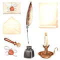 Set of vintage writing supplies. Parchment paper, feather quill, inkwell, envelopes, wax seal, candle in candlestick Royalty Free Stock Photo