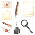 Set of vintage writing supplies. Parchment paper, feather quill and inkwell, envelopes, wax seal, magnifying glass