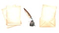 Set of vintage writing supplies. Parchment paper sheets and open envelope, feather pen and inkwell. Hand drawn Royalty Free Stock Photo