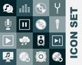 Set Vinyl disk, Fast forward, Microphone, CD DVD, Pause button, Musical note speech bubble and icon. Vector Royalty Free Stock Photo