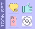 Set Vinyl disk, Like and heart, Smartphone, mobile phone and Hand like icon. Vector. Royalty Free Stock Photo