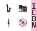 Set Vinyl disk, Musical instrument saxophone, Audio jack and Grand piano icon. Vector Royalty Free Stock Photo