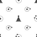 Set Vinyl disk, Party hat and player with on seamless pattern. Vector Royalty Free Stock Photo