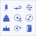 Set Vinyl disk, player with, Beer can, Music note, tone, Crown, Cake, and Firework rocket icon. Vector Royalty Free Stock Photo