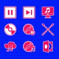 Set Vinyl disk, player with a vinyl, Drum sticks, Music streaming service, CD or DVD, Computer music note and Pause Royalty Free Stock Photo