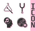 Set Vinyl disk, Triangle musical instrument, Musical note in human head and Musical tuning fork icon. Vector Royalty Free Stock Photo