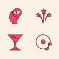 Set Vinyl disk, Vip inside head, Firework and Cocktail icon. Vector